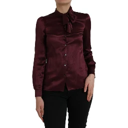 Maroon Ascot Collar Long Sleeve Top Blouse