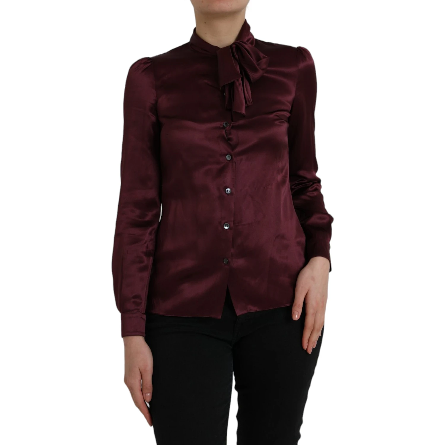 Maroon Ascot Collar Long Sleeve Top Blouse
