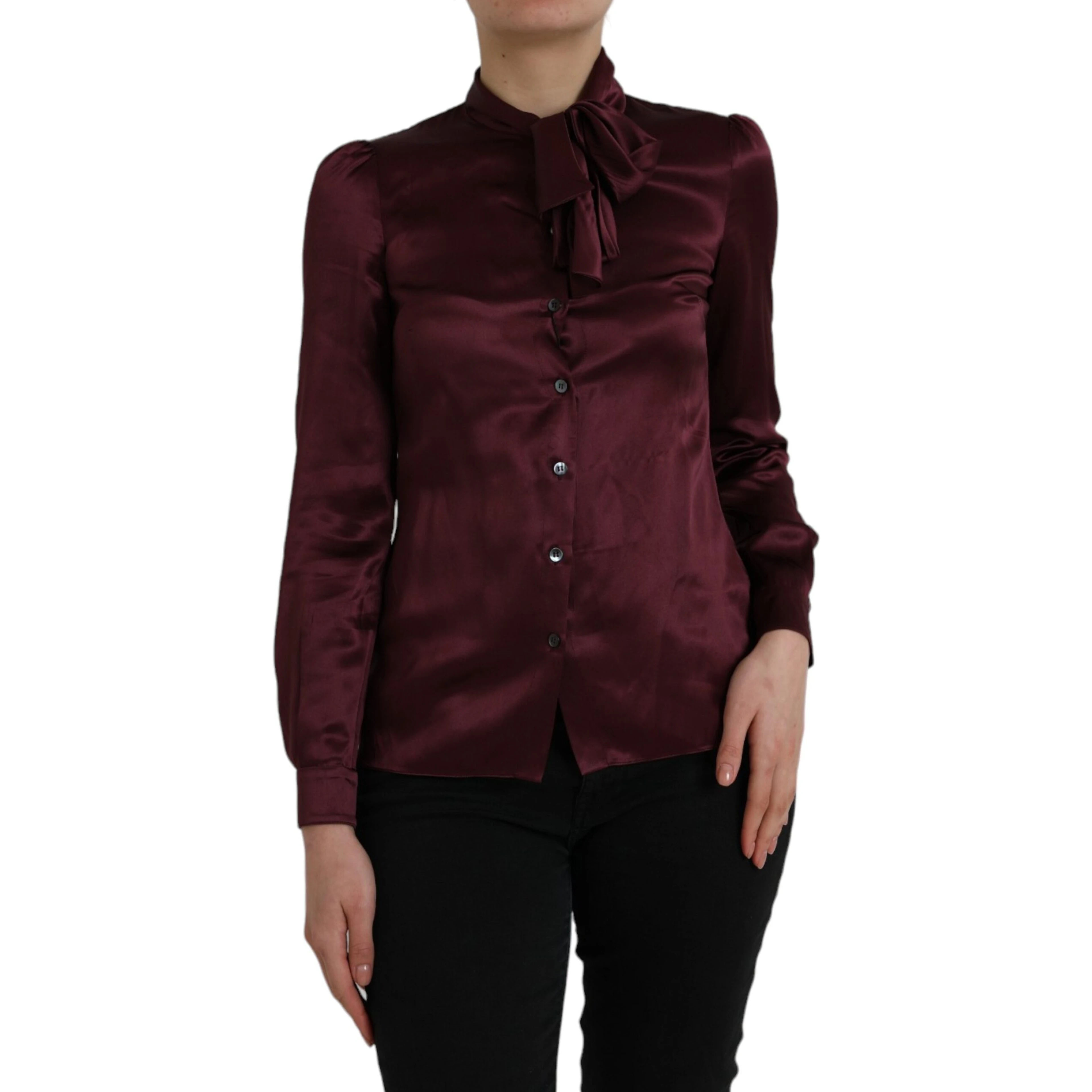 Maroon Ascot Collar Long Sleeve Top Blouse