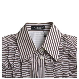 White Stripes Cotton Long Sleeves Ruffle Collar Top