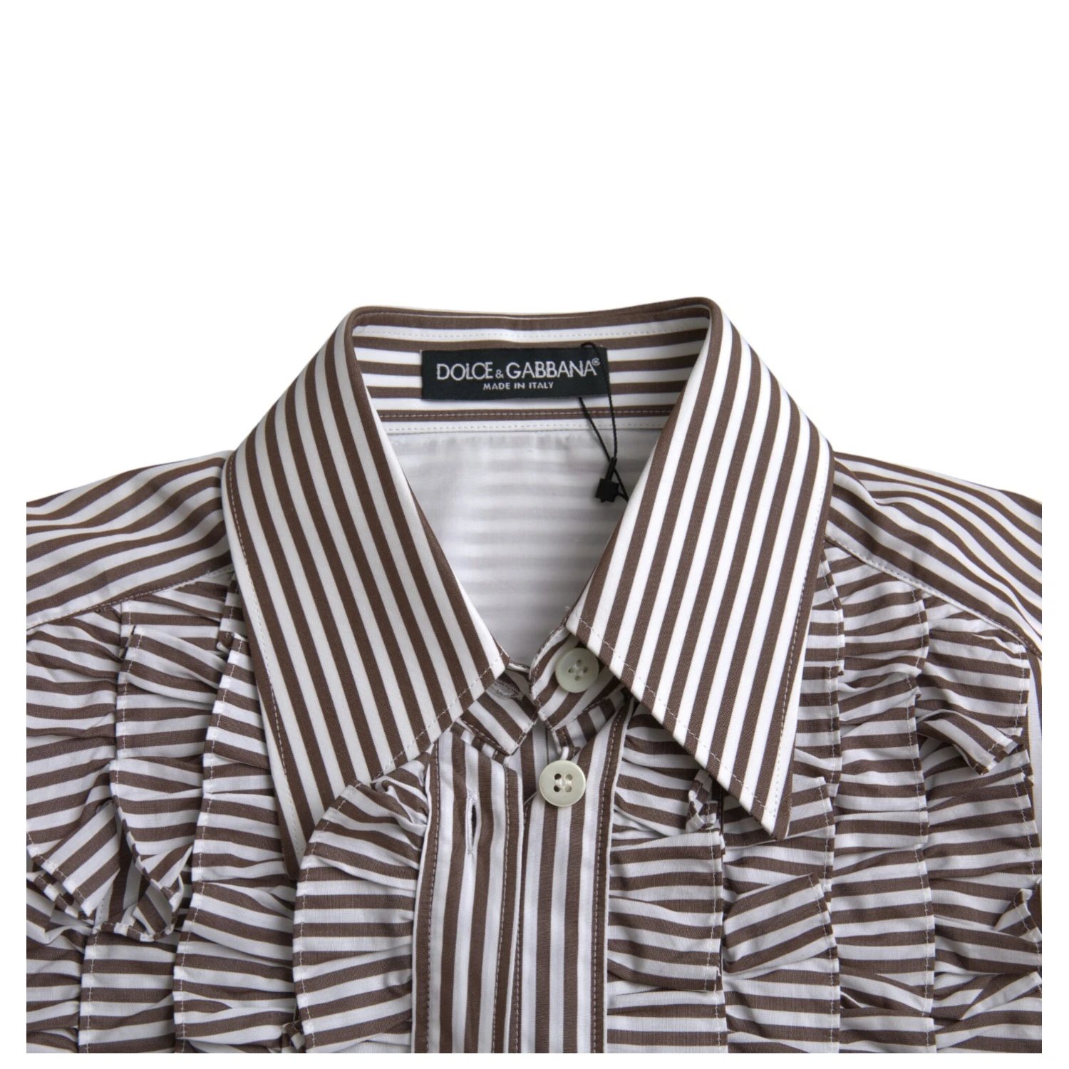 White Stripes Cotton Long Sleeves Ruffle Collar Top