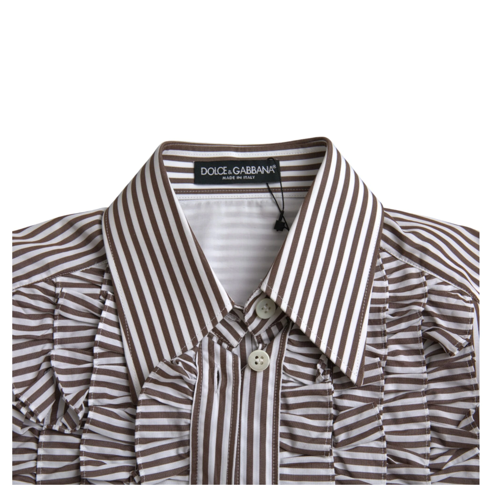 White Stripes Cotton Long Sleeves Ruffle Collar Top