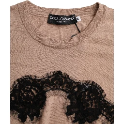 Brown Wool Black Lace 3/4 Sleeve Blouse Top