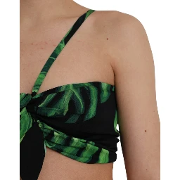 Black Green Leaf Silk Halter Cropped Top