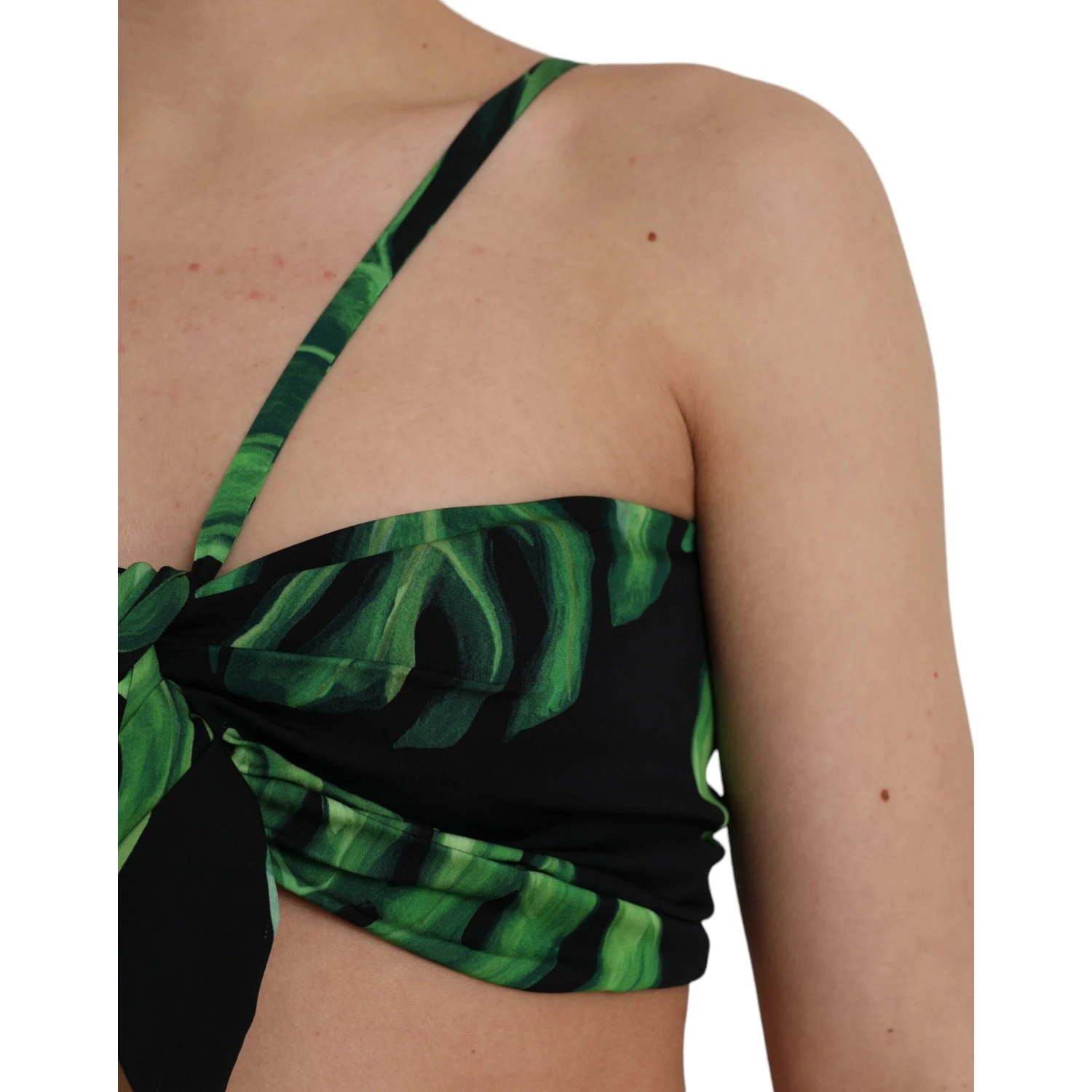 Black Green Leaf Silk Halter Cropped Top