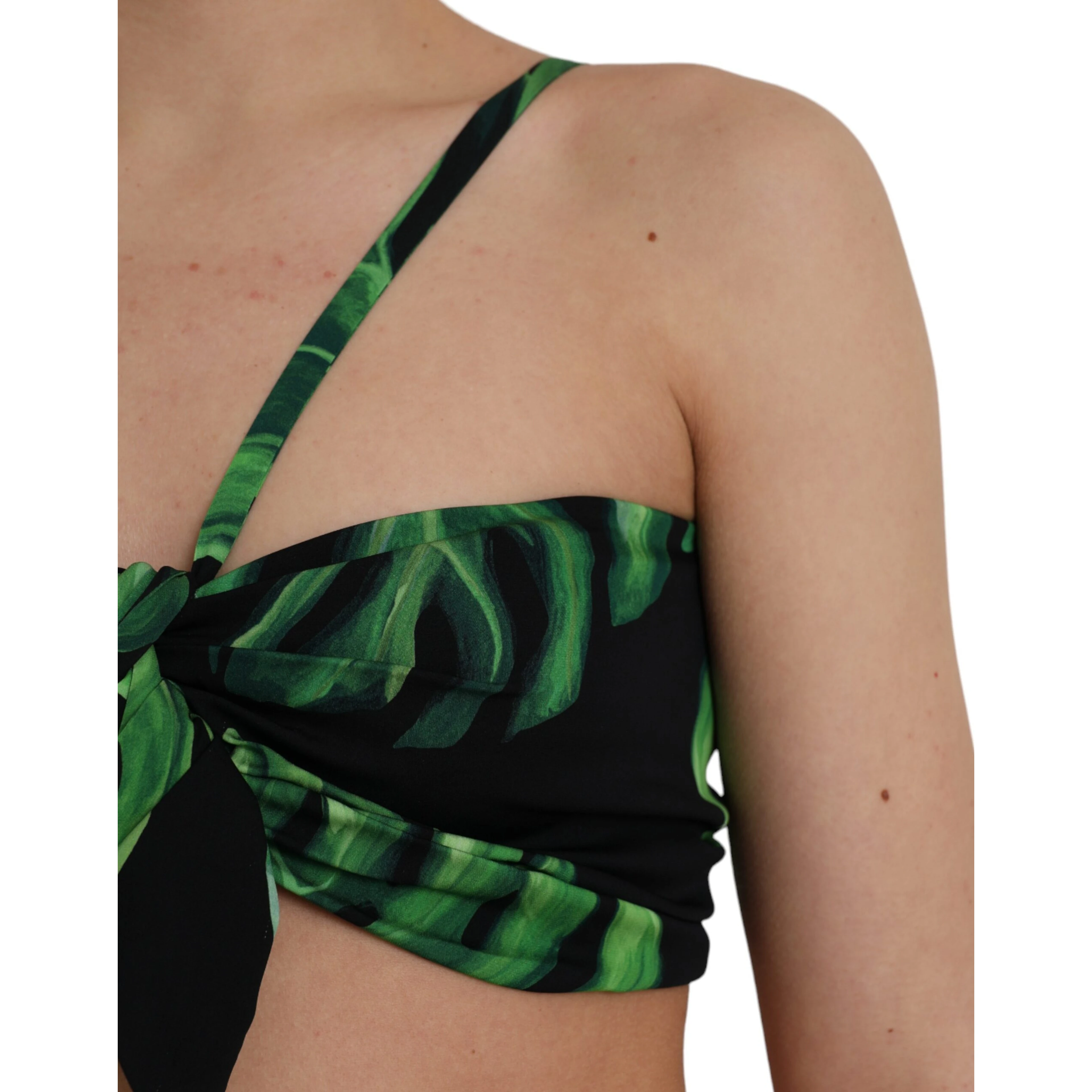 Black Green Leaf Silk Halter Cropped Top