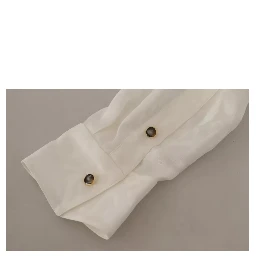 White Patterned Silk Ascot Collar Blouse Top
