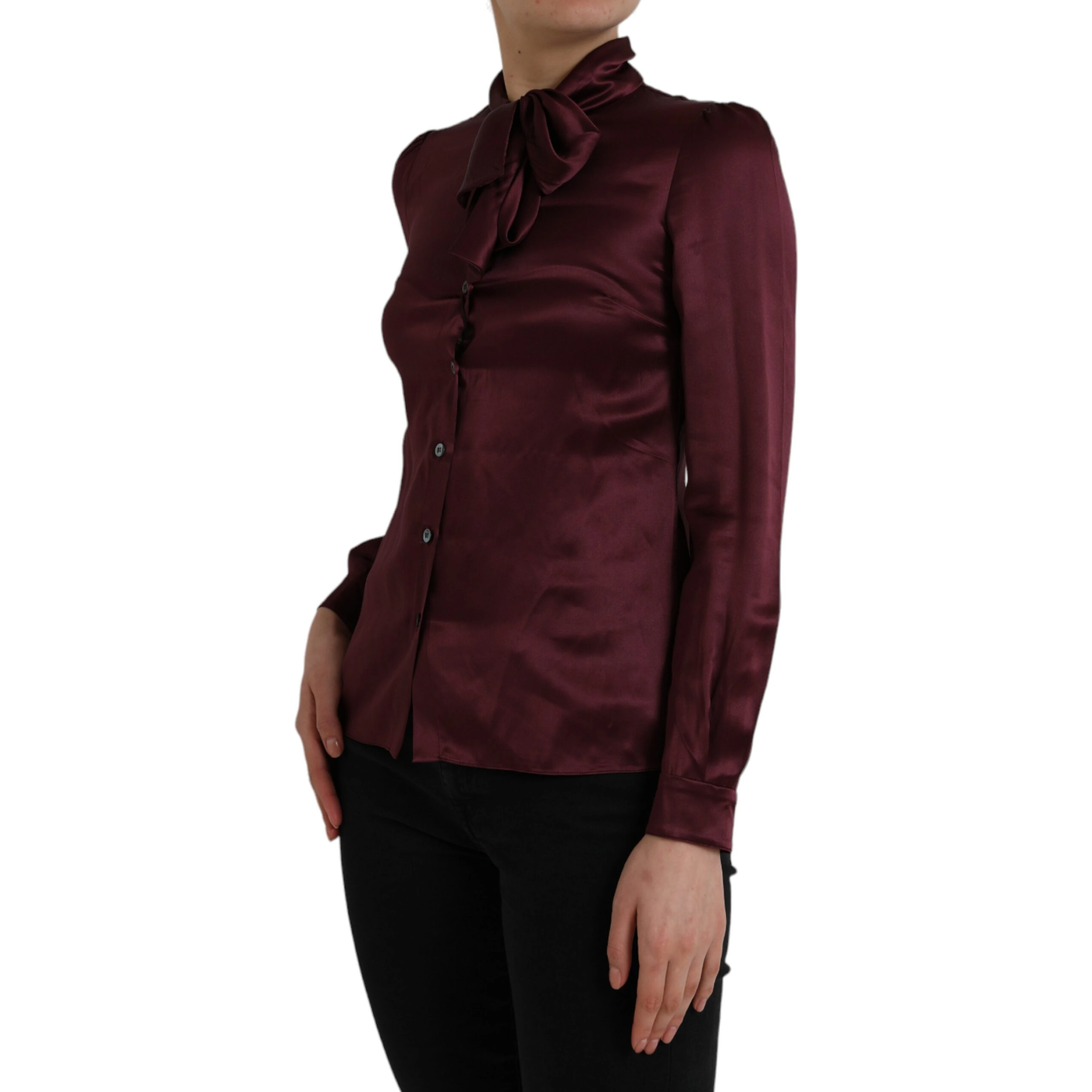 Maroon Ascot Collar Long Sleeve Top Blouse