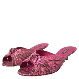 Pink Exotic Leather Kitten Heels Slides Shoes