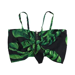 Black Green Leaf Silk Halter Cropped Top