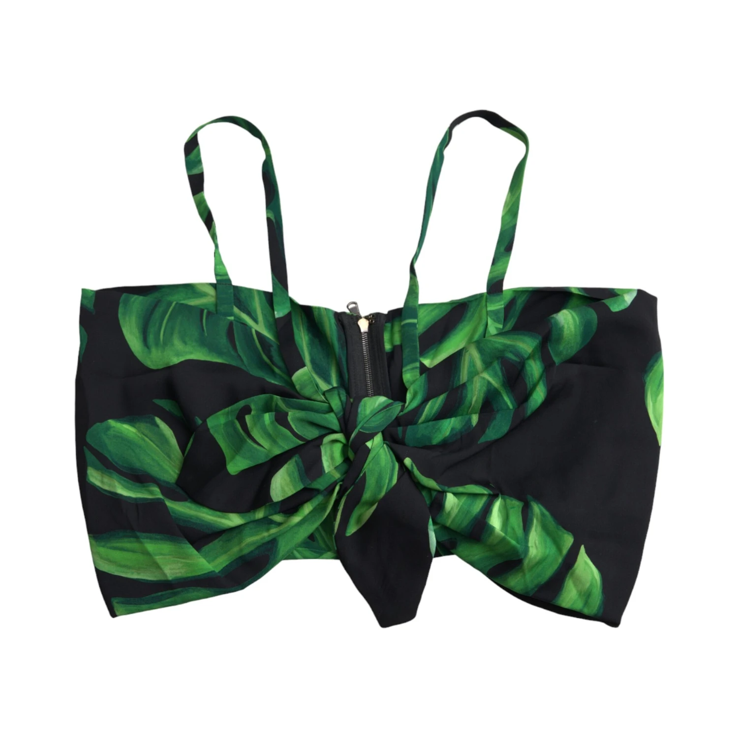 Black Green Leaf Silk Halter Cropped Top