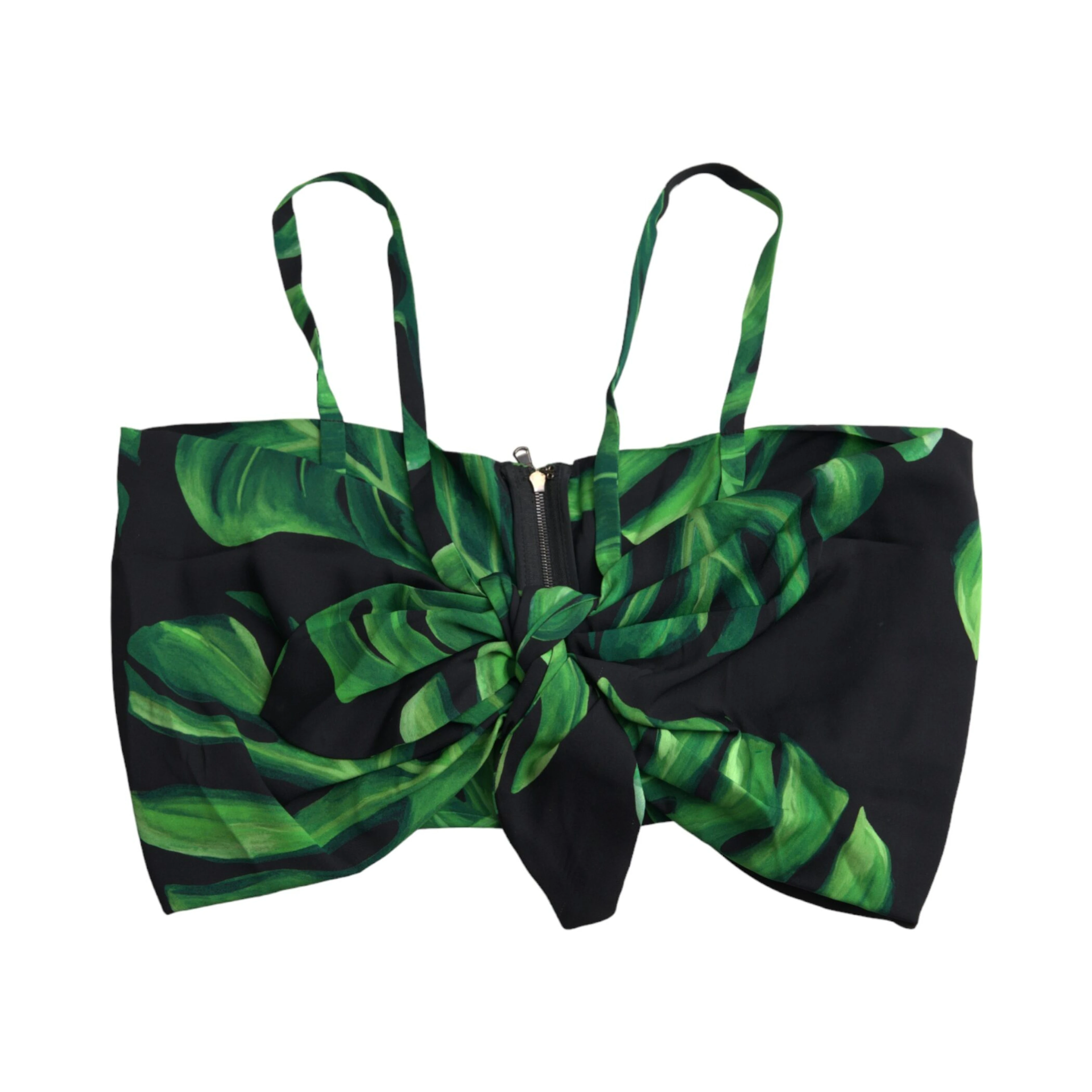 Black Green Leaf Silk Halter Cropped Top