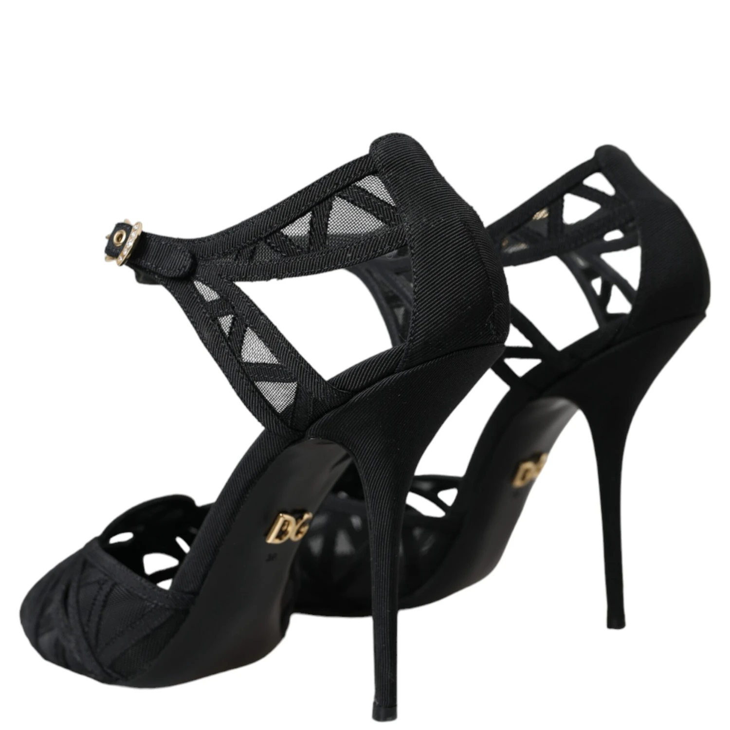 Black Mesh Ankle Strap Heels Sandals Shoes