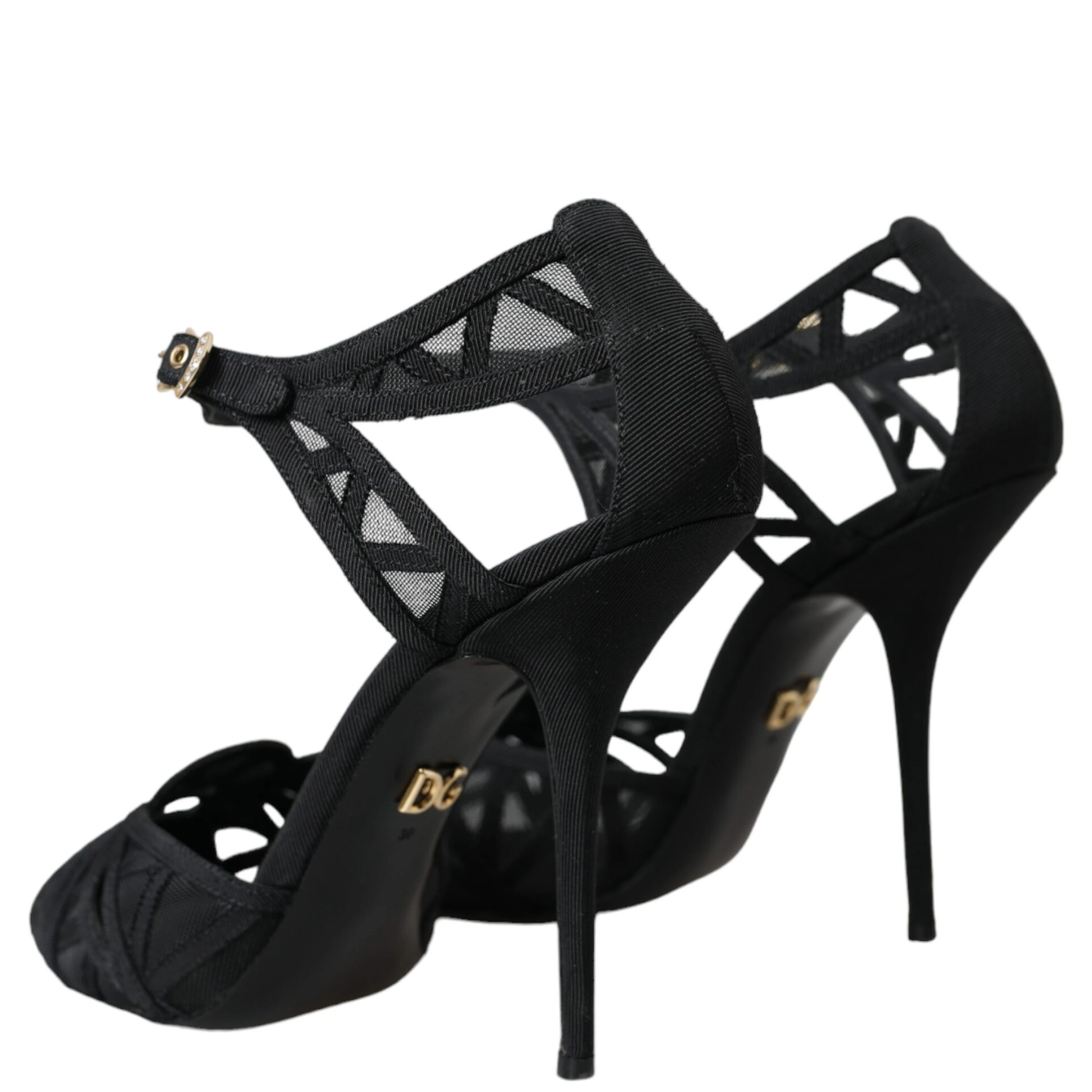 Black Mesh Ankle Strap Heels Sandals Shoes