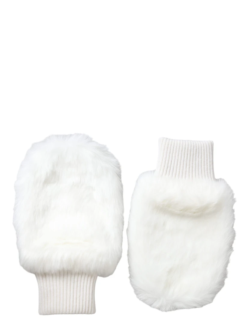 White Acrylic Knitted Fur Wrist Mitten Gloves