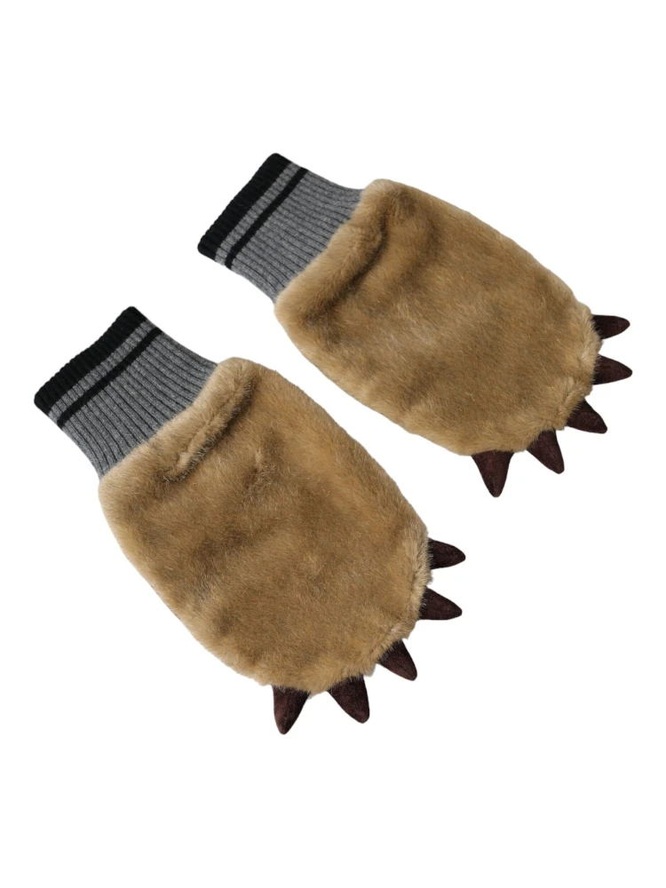 Beige Acrylic Knitted Fur Wrist Mitten Gloves