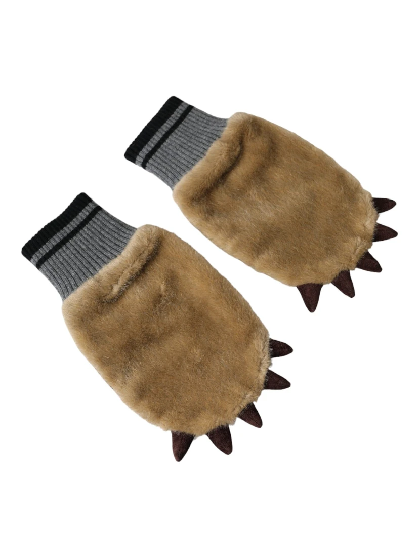 Beige Acrylic Knitted Fur Wrist Mitten Gloves