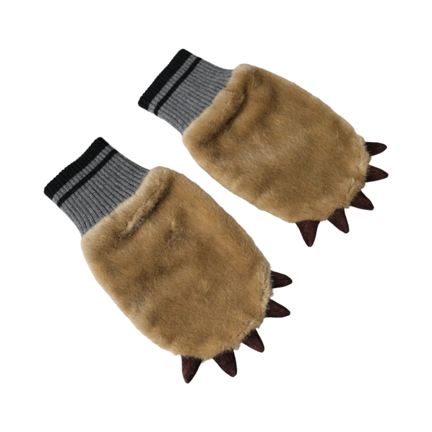Beige Acrylic Knitted Fur Wrist Mitten Gloves