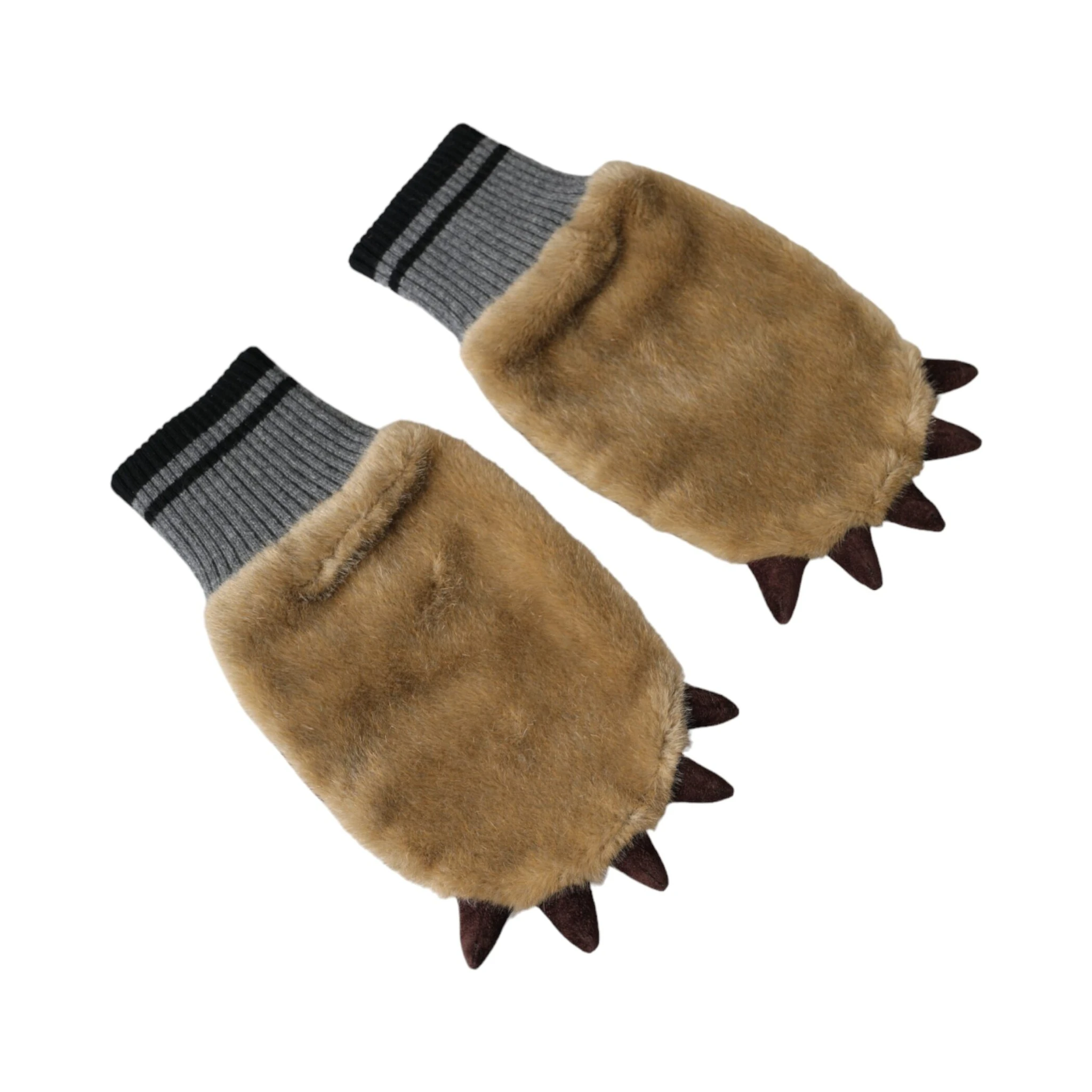 Beige Acrylic Knitted Fur Wrist Mitten Gloves