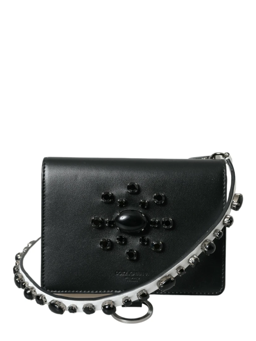 Black White Leather Crystal Embellished Cardholder Wallet