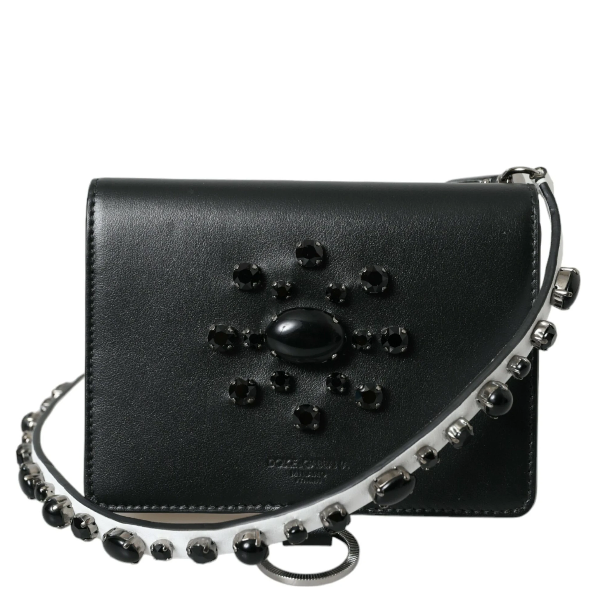 Black White Leather Crystal Embellished Cardholder Wallet