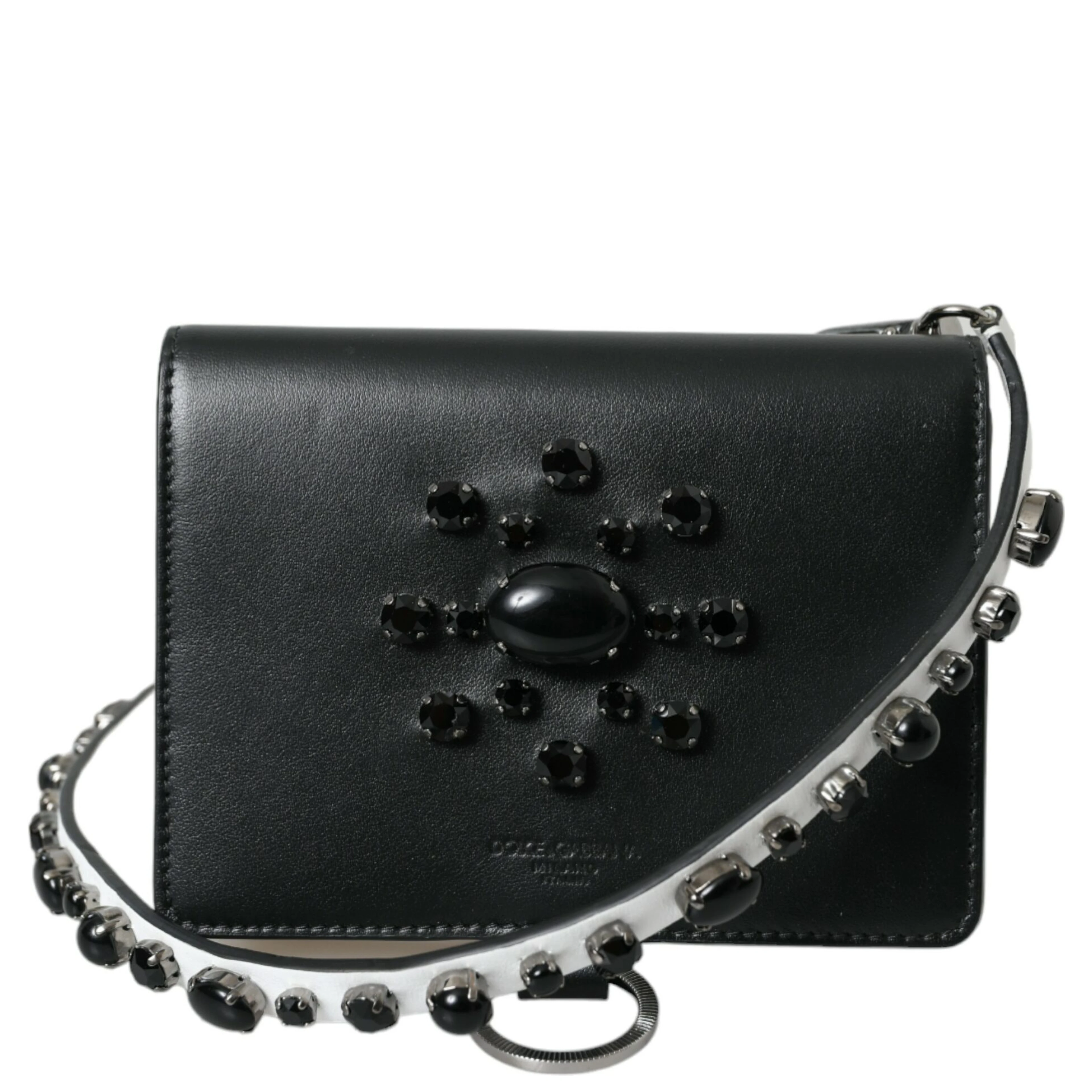 Black White Leather Crystal Embellished Cardholder Wallet