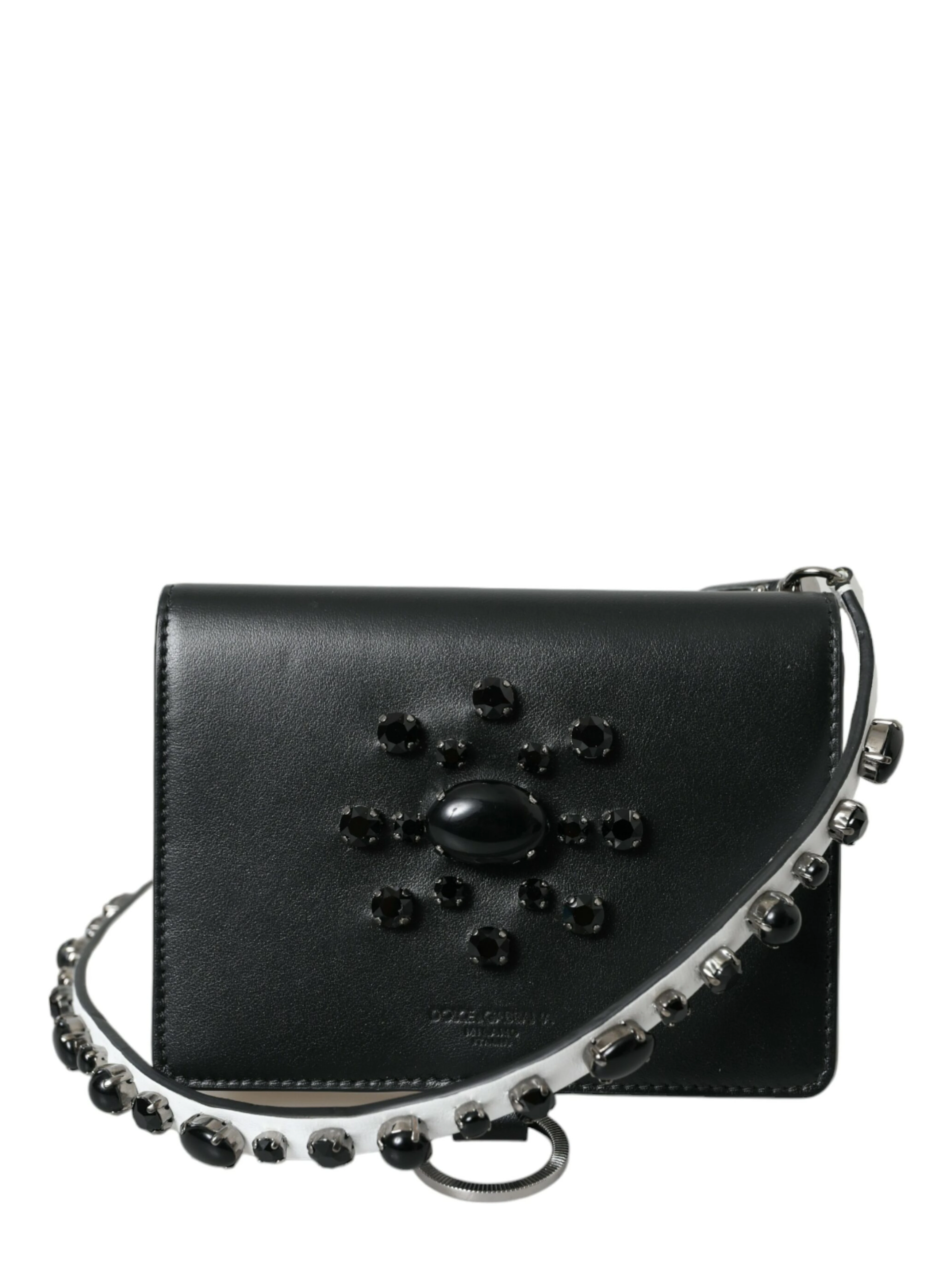 Black White Leather Crystal Embellished Cardholder Wallet