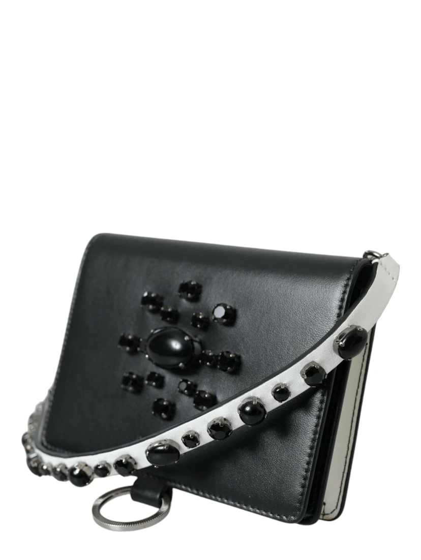 Black White Leather Crystal Embellished Cardholder Wallet