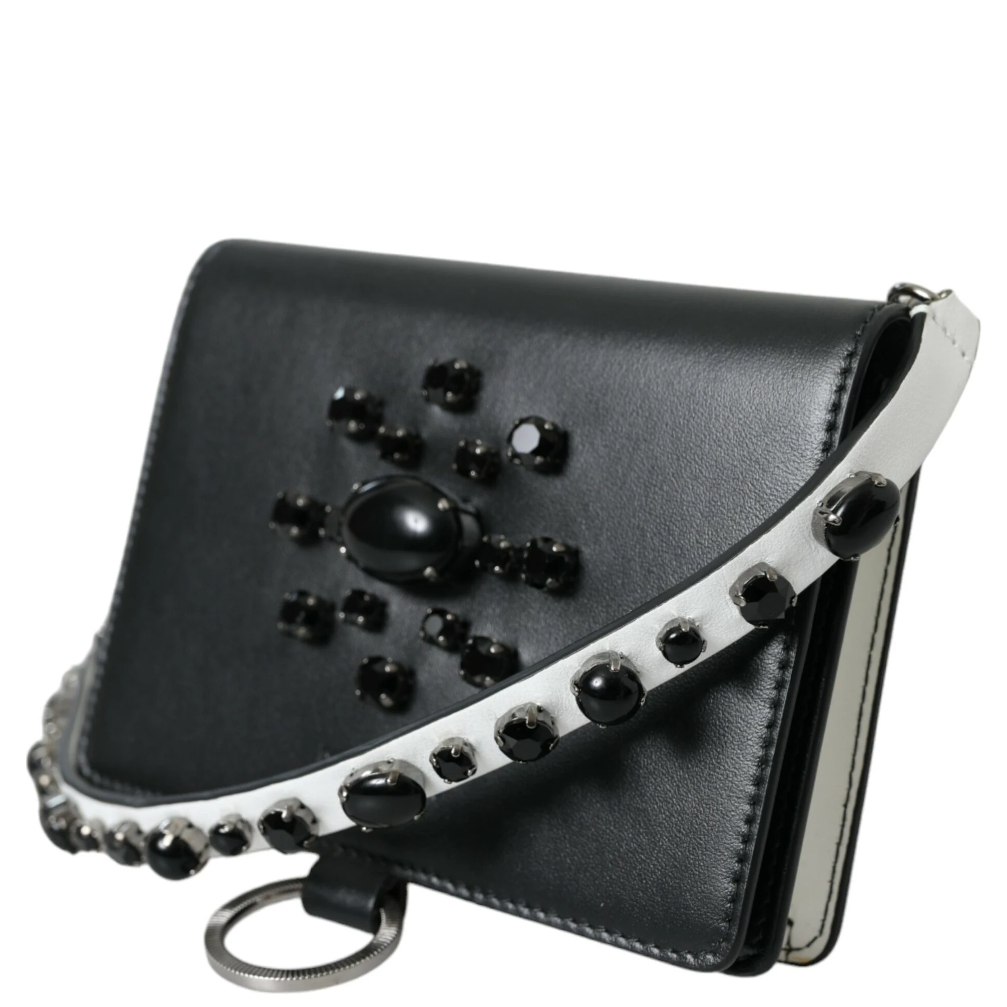 Black White Leather Crystal Embellished Cardholder Wallet