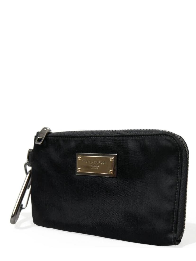 Black Nylon Logo Plaque Keyring Pouch Clutch Bags