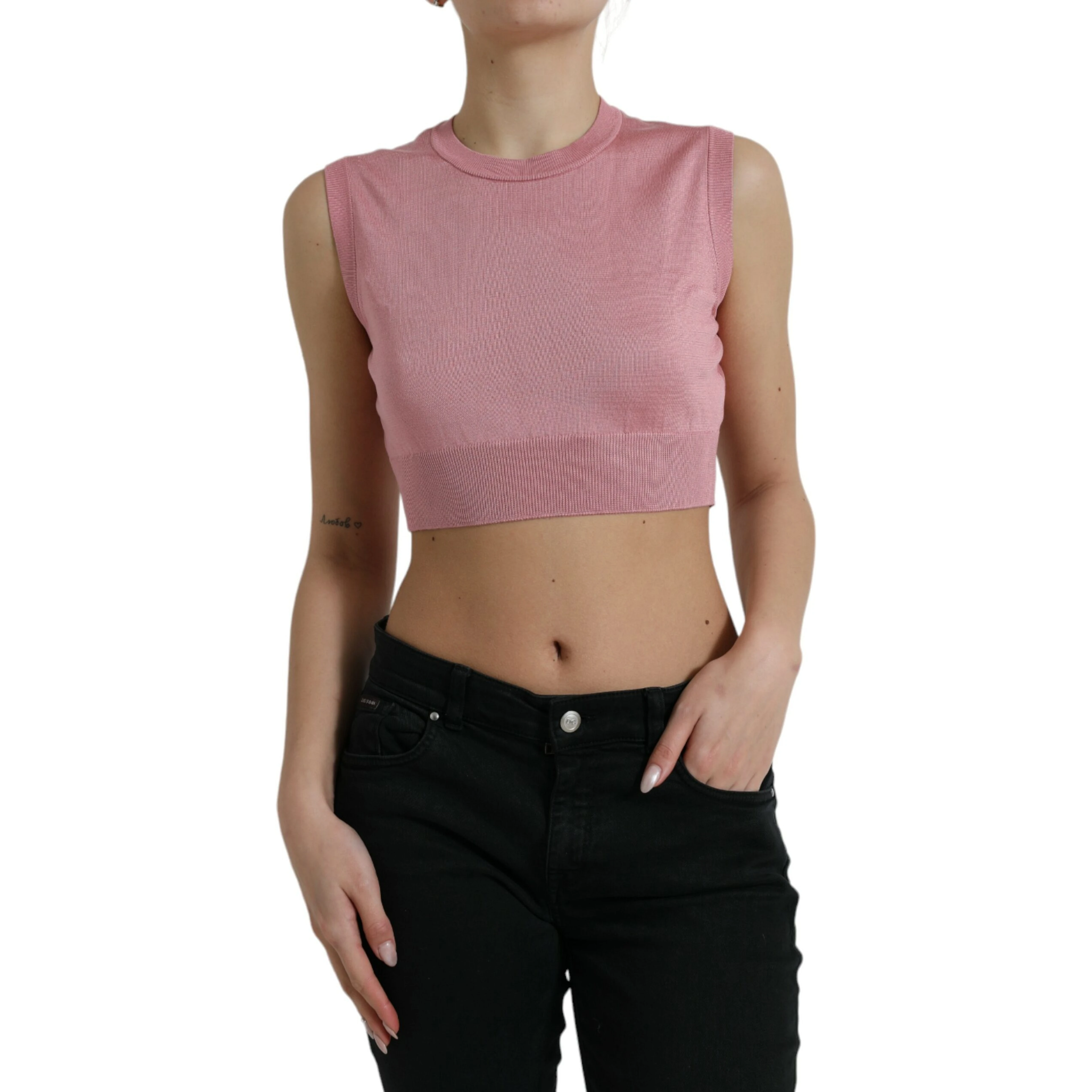 Pink Crew Neck Cropped Sleeveless Tank Top