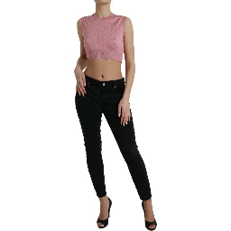 Pink Crew Neck Cropped Sleeveless Tank Top