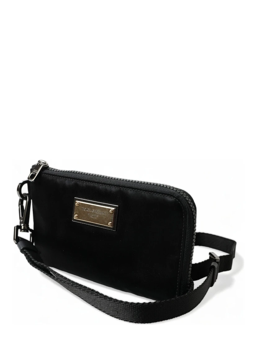 Black Nylon Logo Plaque Keyring Pouch Clutch Bag