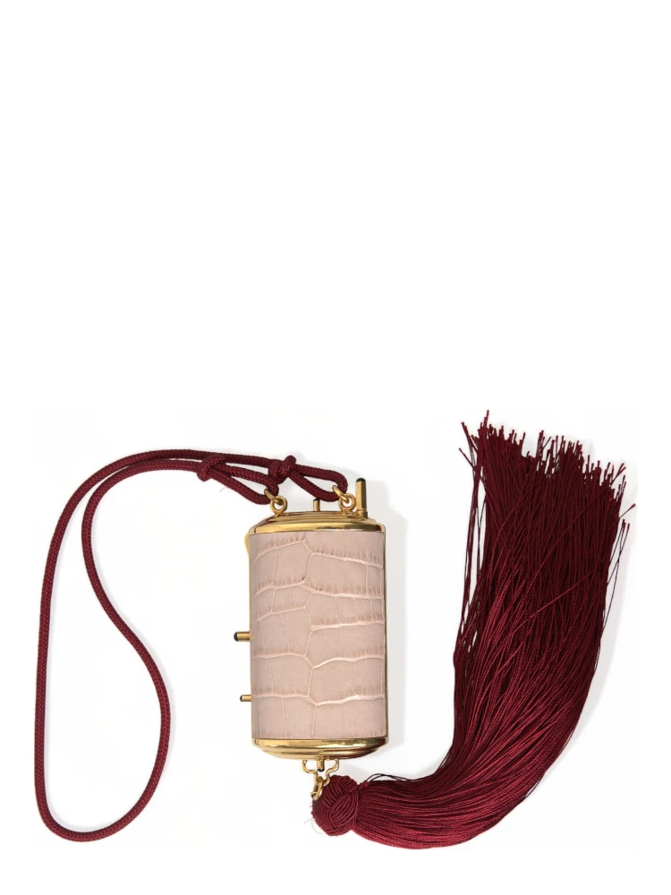 Pink Exotic Leather Mini Mirror Tassel Makeup Bag