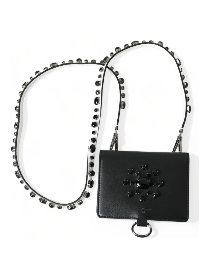 Black Leather Crystal Embellished Card Holder Wallet