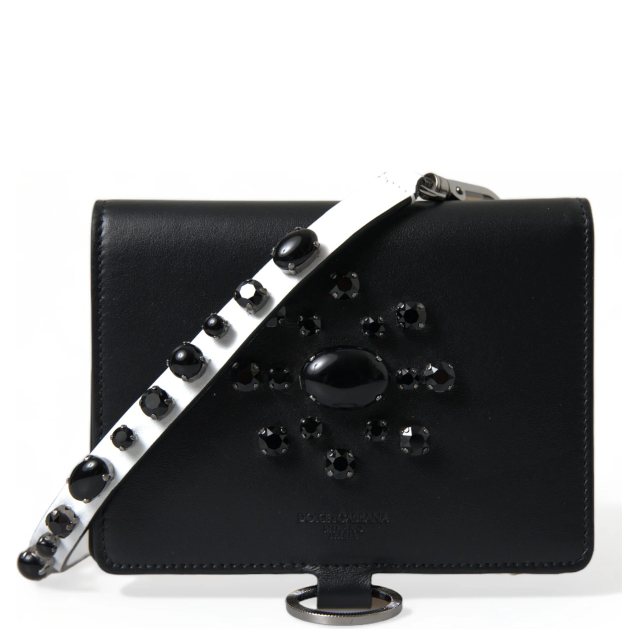 Black Leather Crystal Embellished Card Holder Wallet