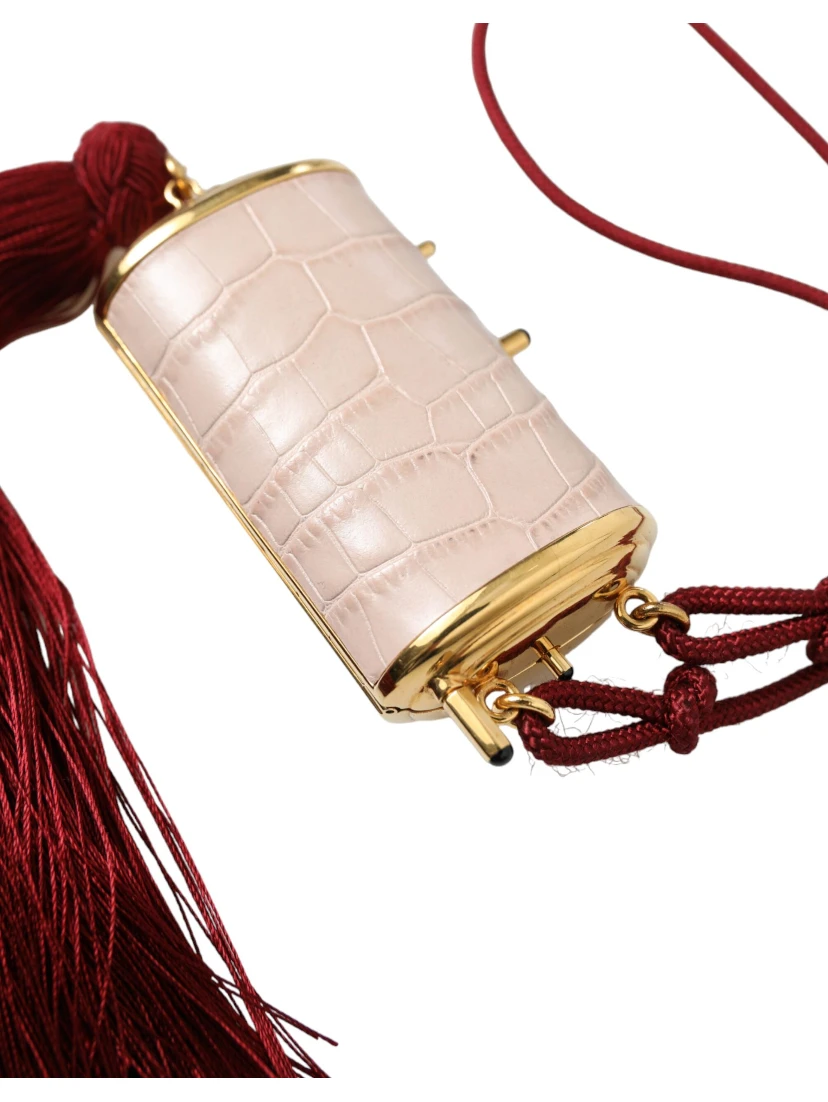 Pink Exotic Leather Mini Mirror Tassel Makeup Bag