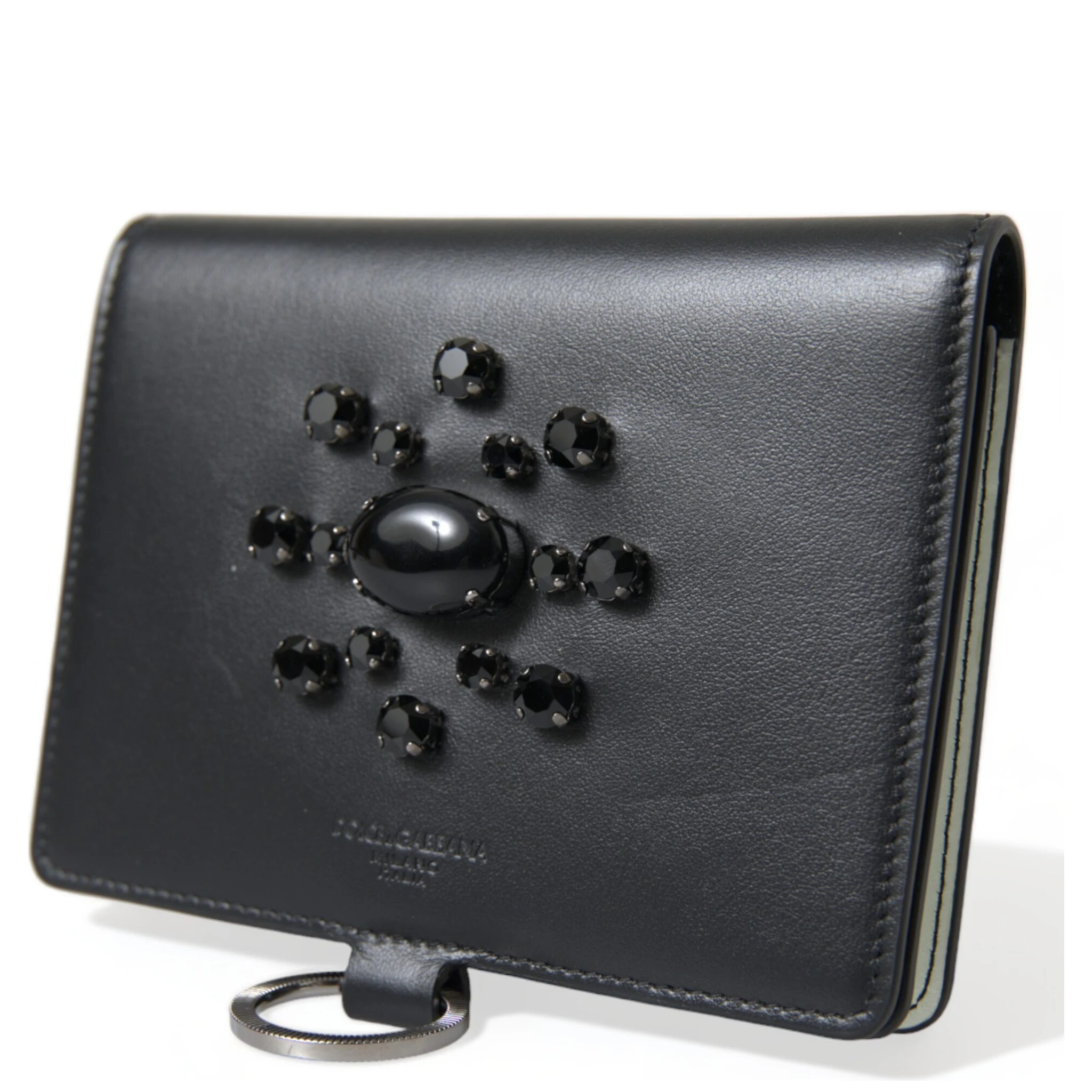 Black Leather Crystal Embellished Card Holder Wallet