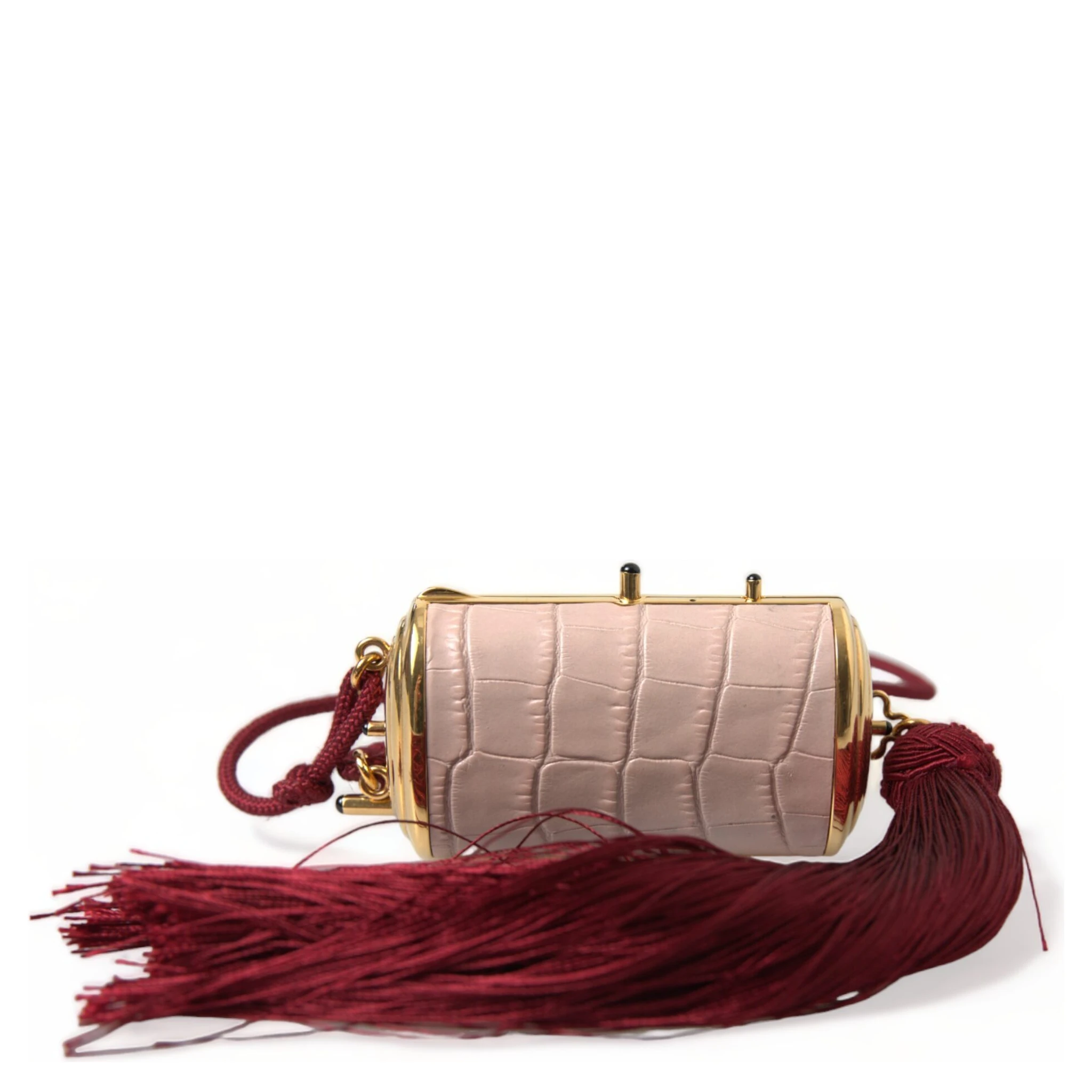 Pink Exotic Leather Mini Mirror Tassel Makeup Bag