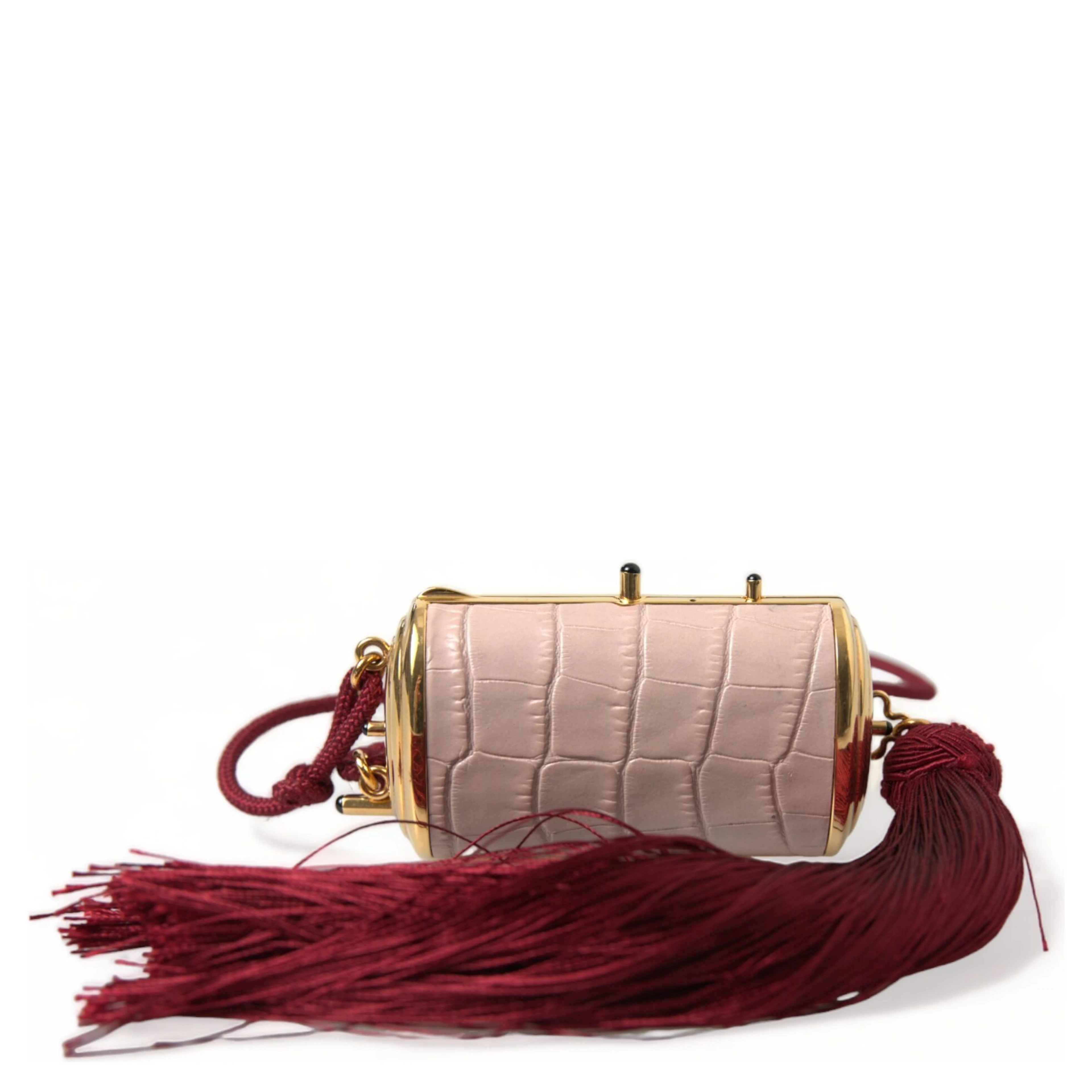 Pink Exotic Leather Mini Mirror Tassel Makeup Bag