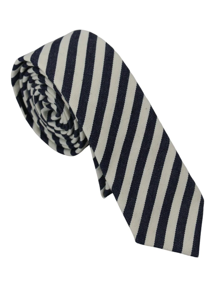 White Blue Striped Classic Adjustable Men Silk Tie