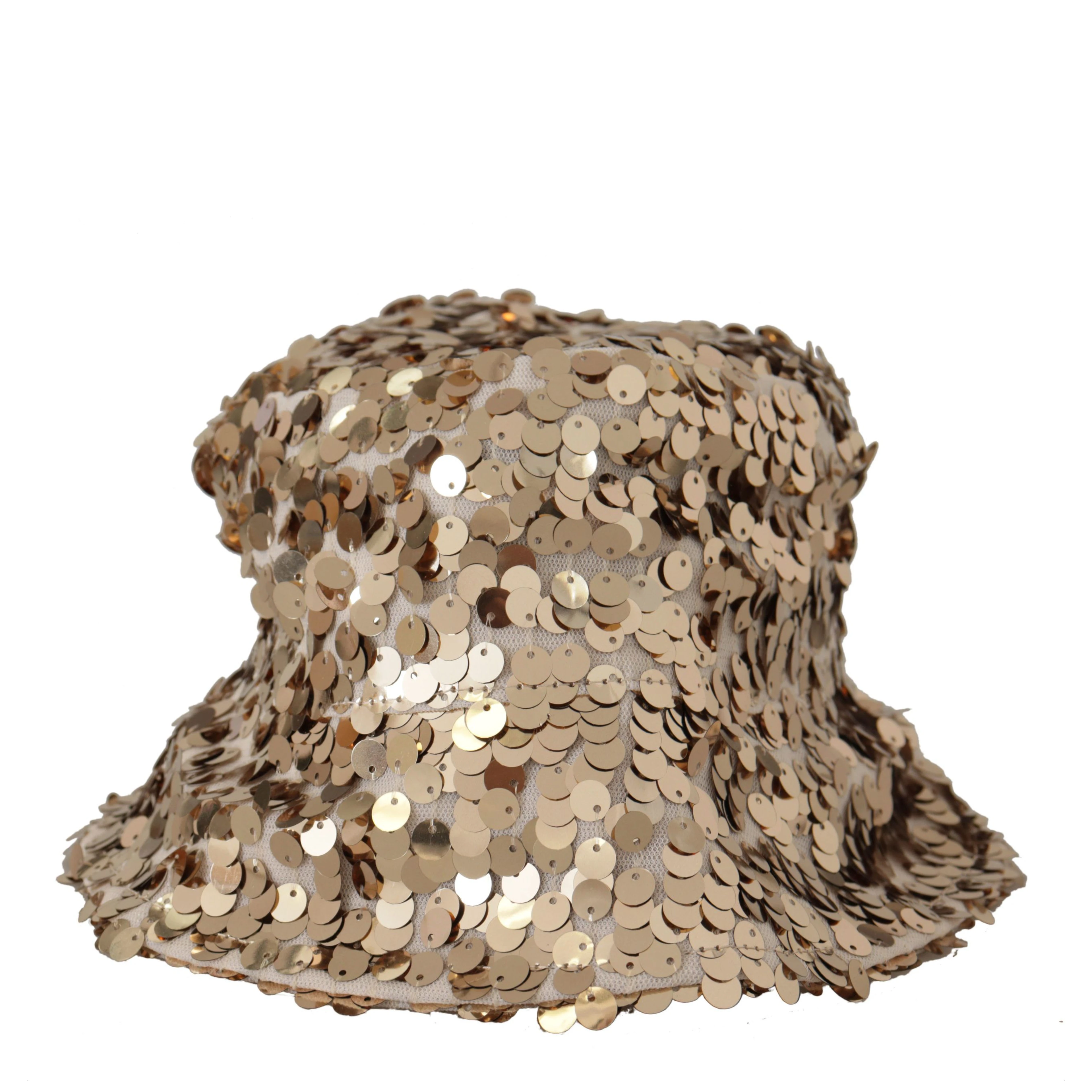 Gold Silk Sequin Embellished Designer Brim Bucket Hat