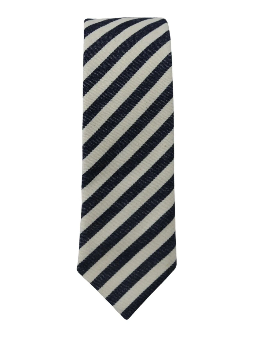 White Blue Striped Classic Adjustable Men Silk Tie