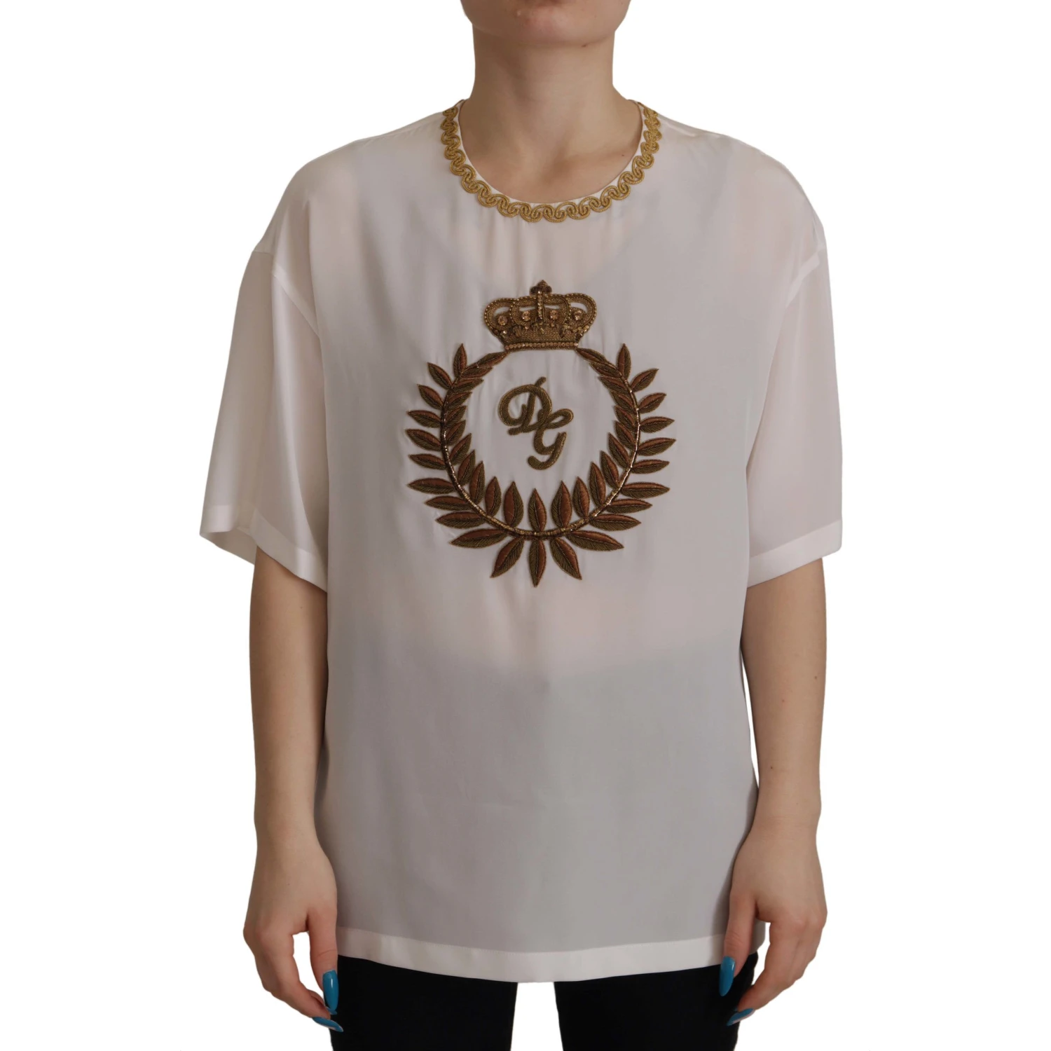 White Silk Gold DG Crown Crystal Blouse Top