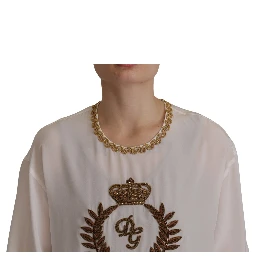 White Silk Gold DG Crown Crystal Blouse Top