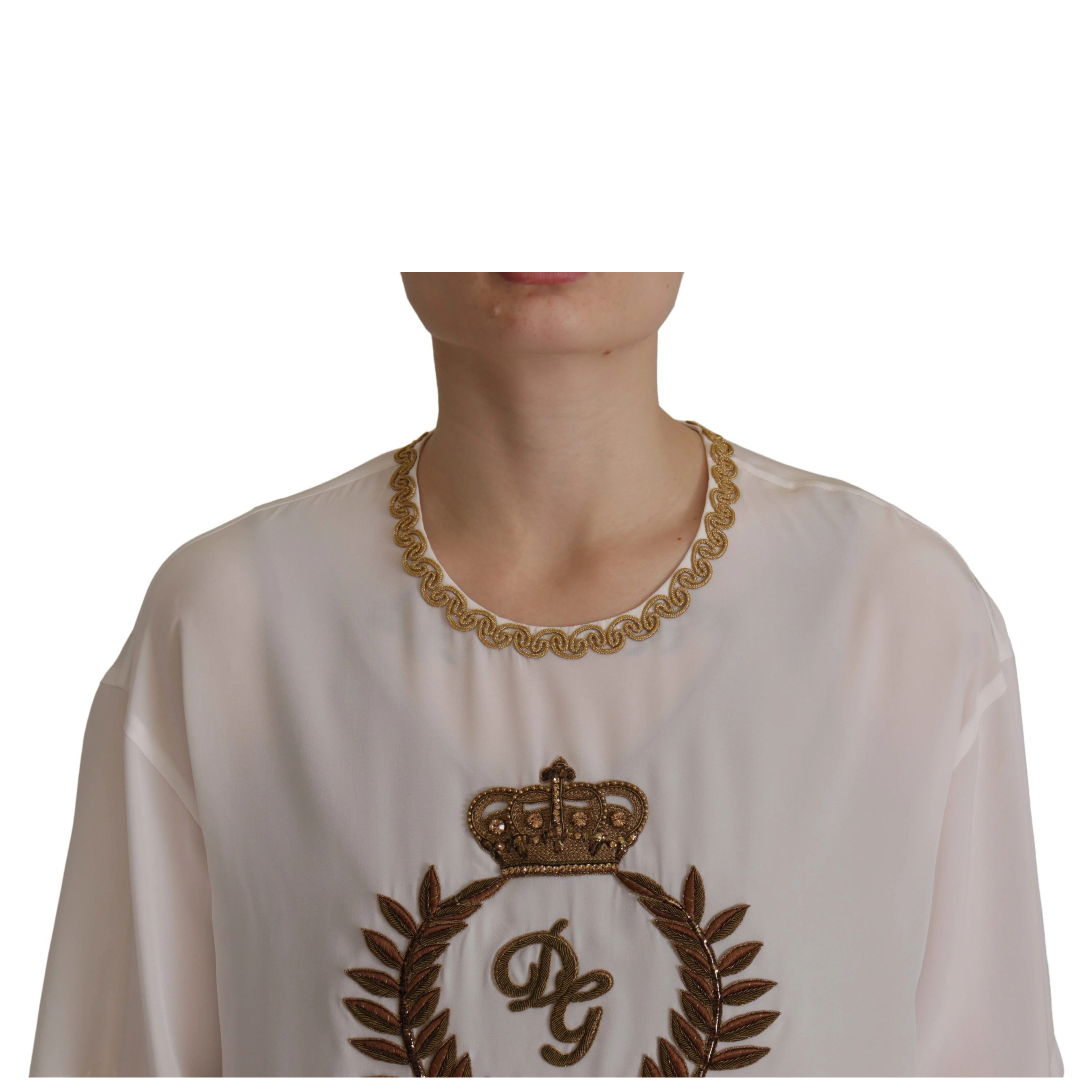 White Silk Gold DG Crown Crystal Blouse Top