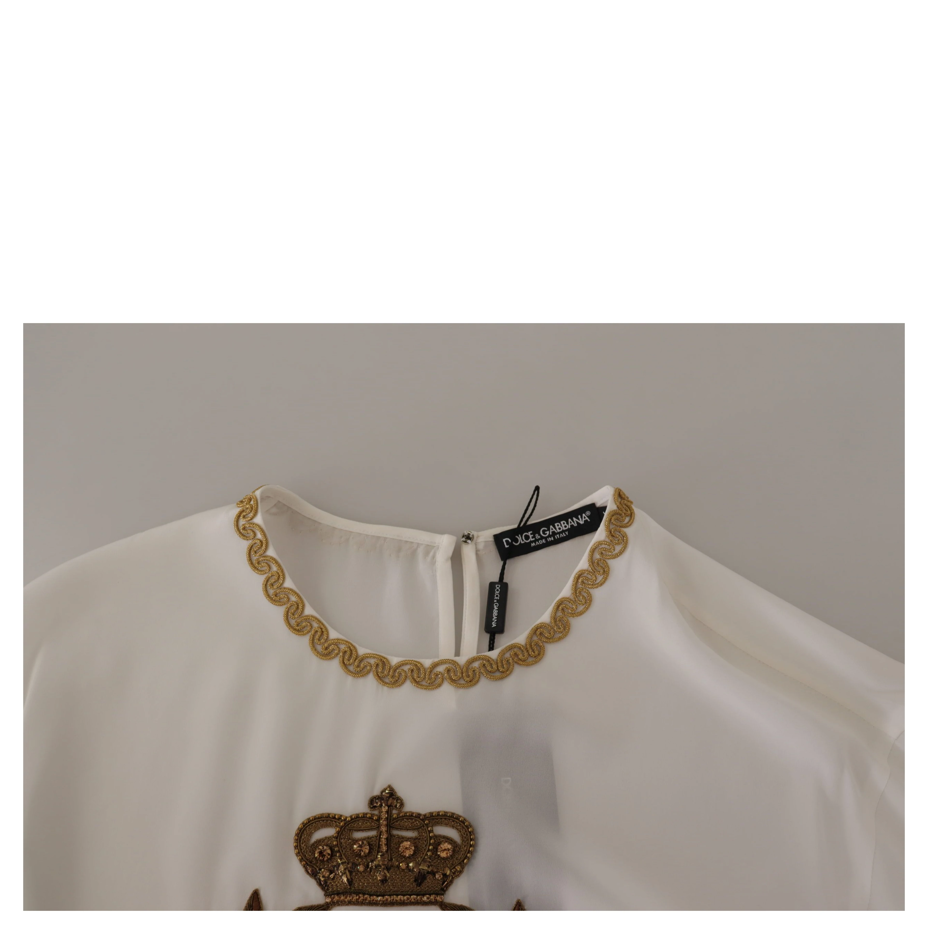 White Silk Gold DG Crown Crystal Blouse Top