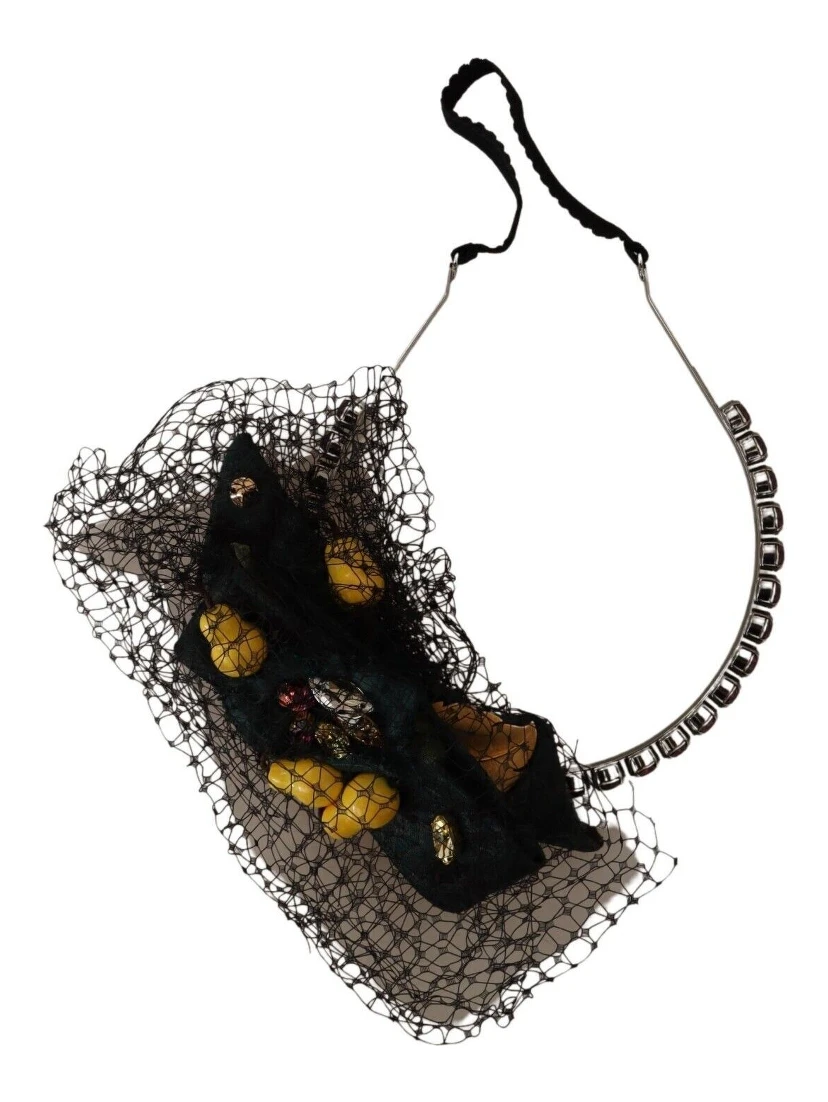 Silver Tiara Crystals Fruits Black Mesh Diadem Headband