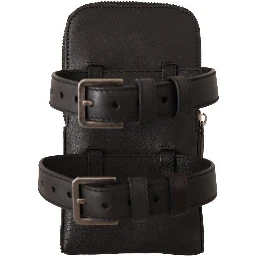 Black Leather Purse Double Belt Strap Multi Kit Wallet