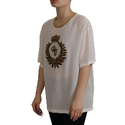 White Silk Gold DG Crown Crystal Blouse Top